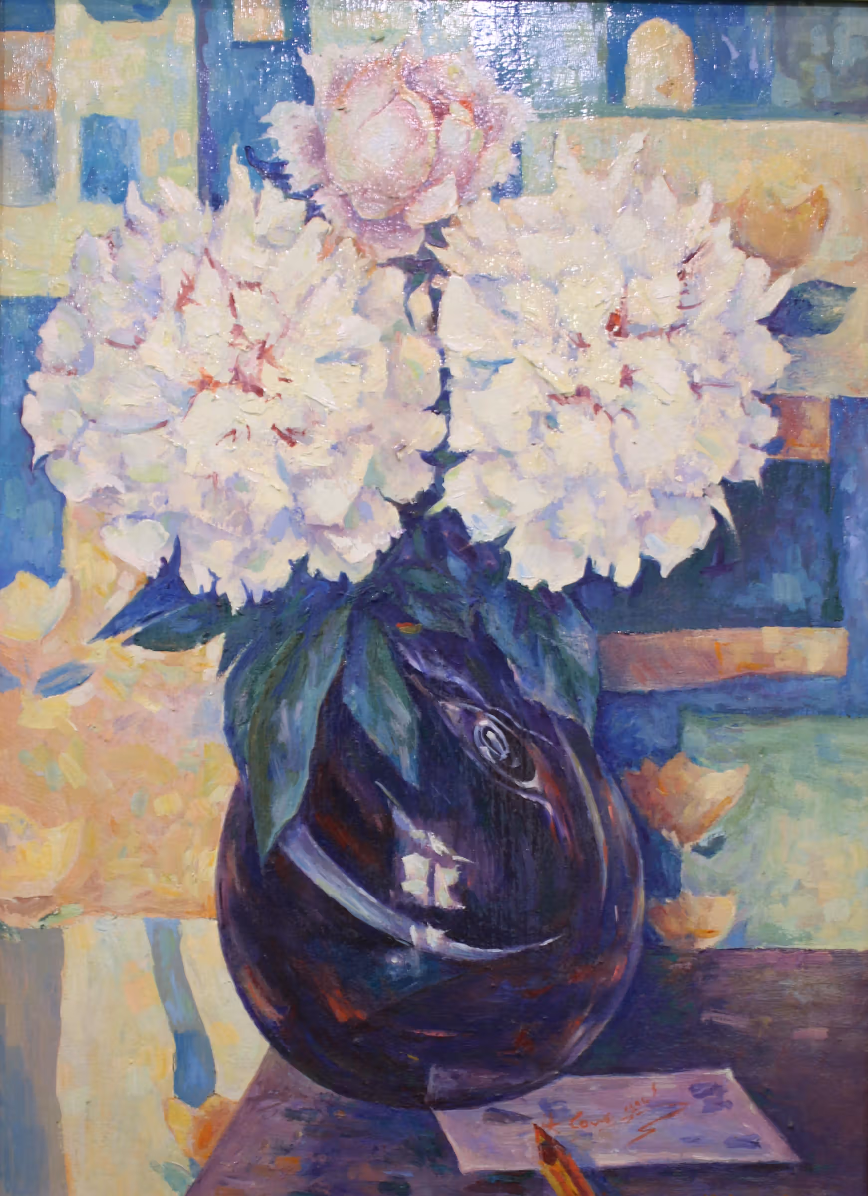 Півонії. Стара листівка. Полотно, оргаліт, олія, 40х30, 2015