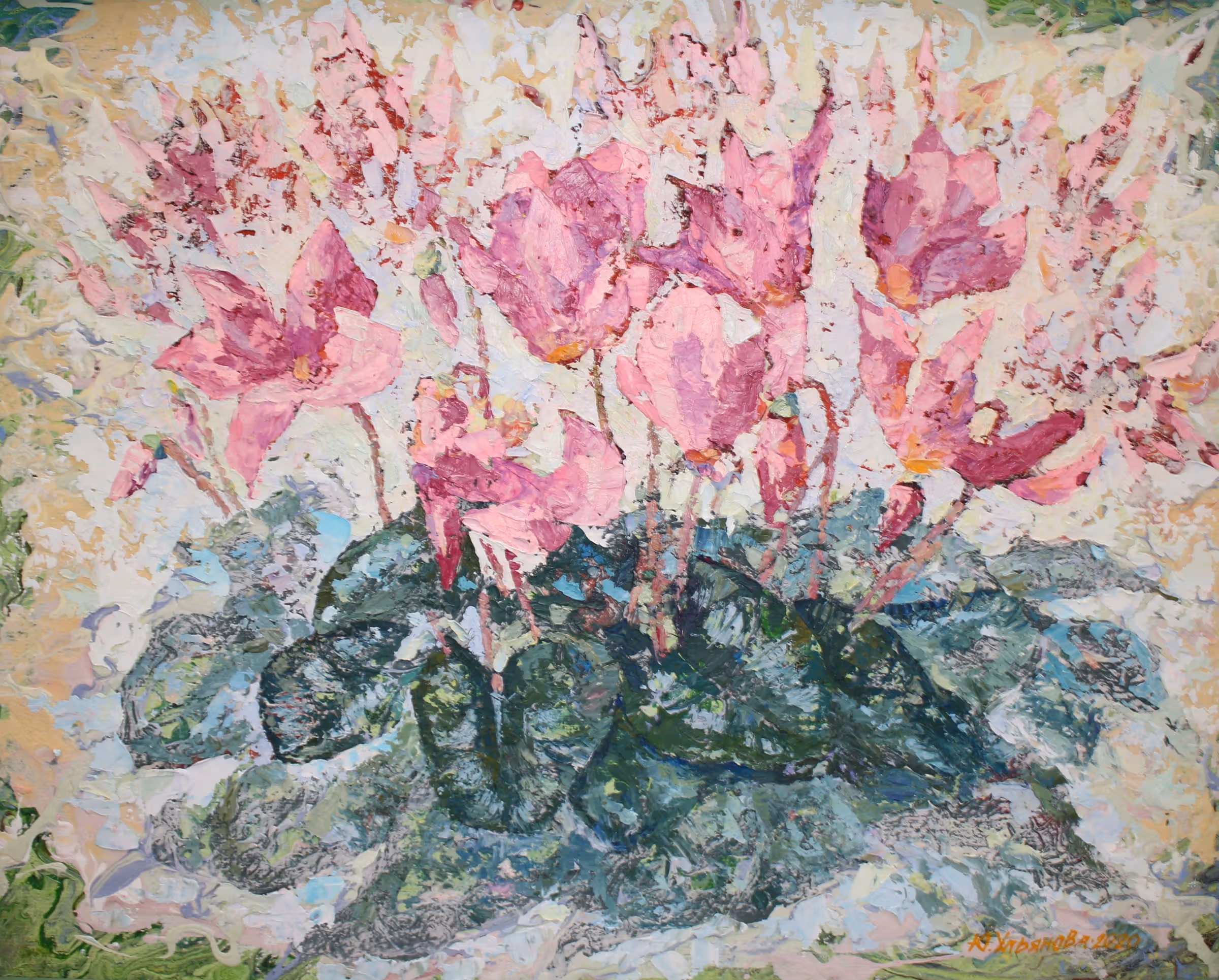 Цикламени. Оргаліт, акрил, 43х56, 2021
