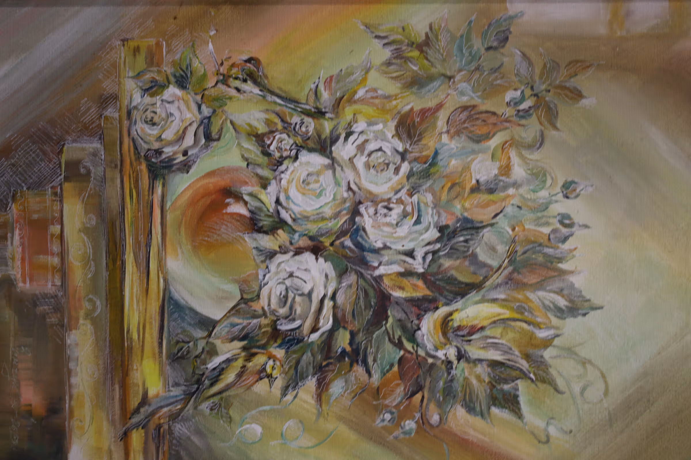 Анна Зінчук «Бежевий букет з пташками» полотно, акрил, 60х40, 2013